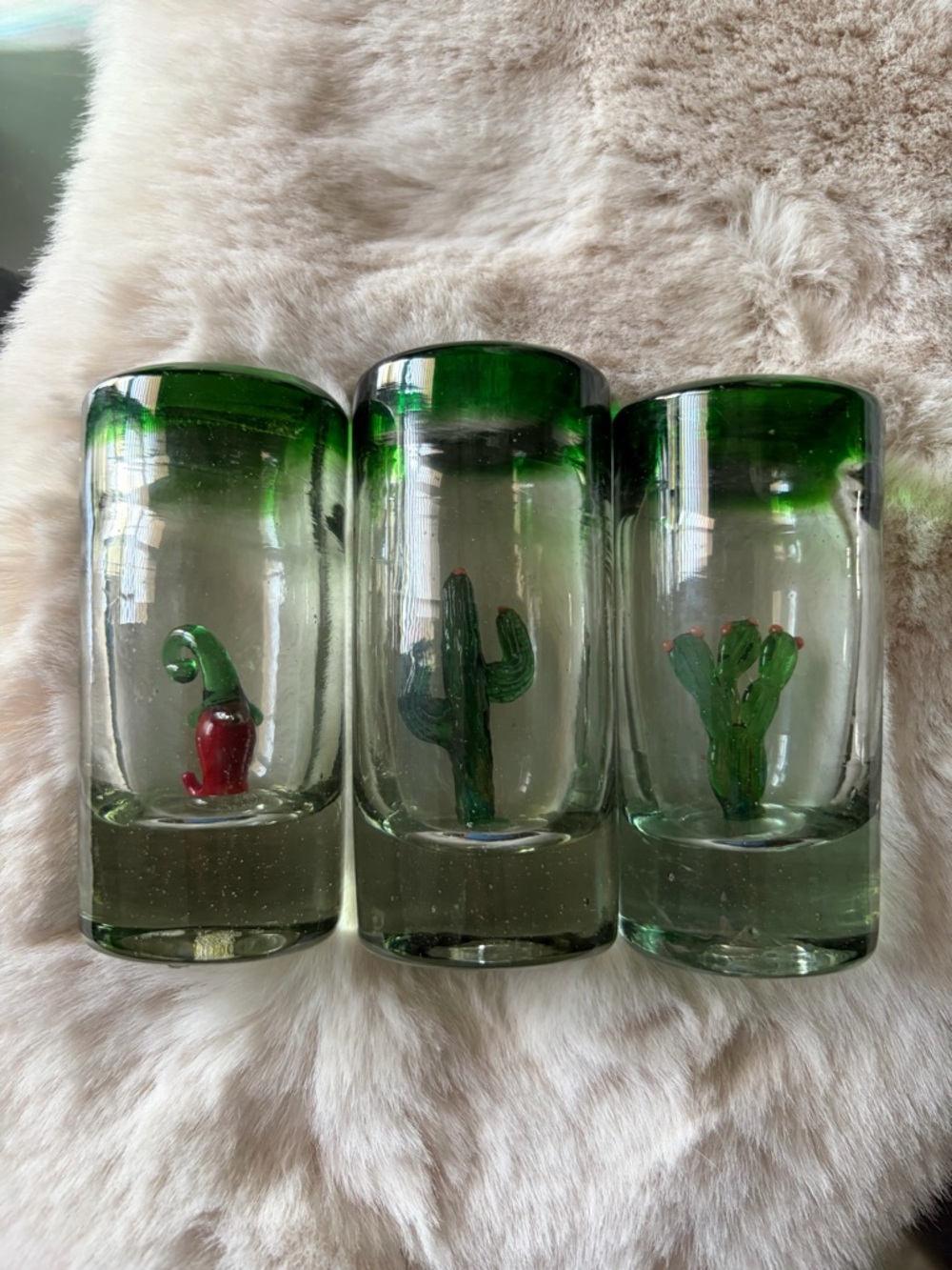 Handblown Glass Shot Glasses with Cactus and Chili Inside - Green Rim (Set of 3)